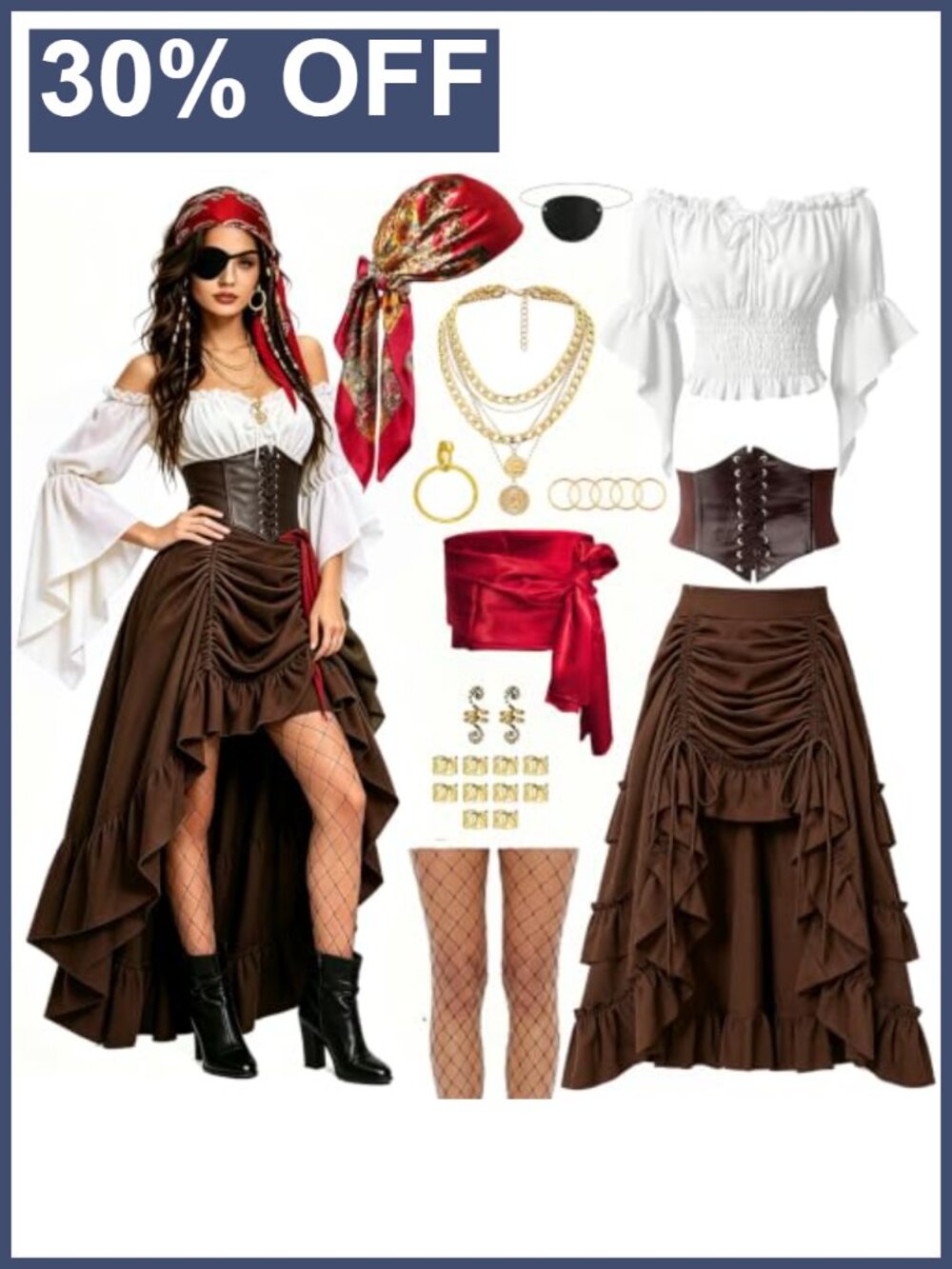 Pirate Costume Set for Women Off-Shoulder Top Skirt Corset Renaissance